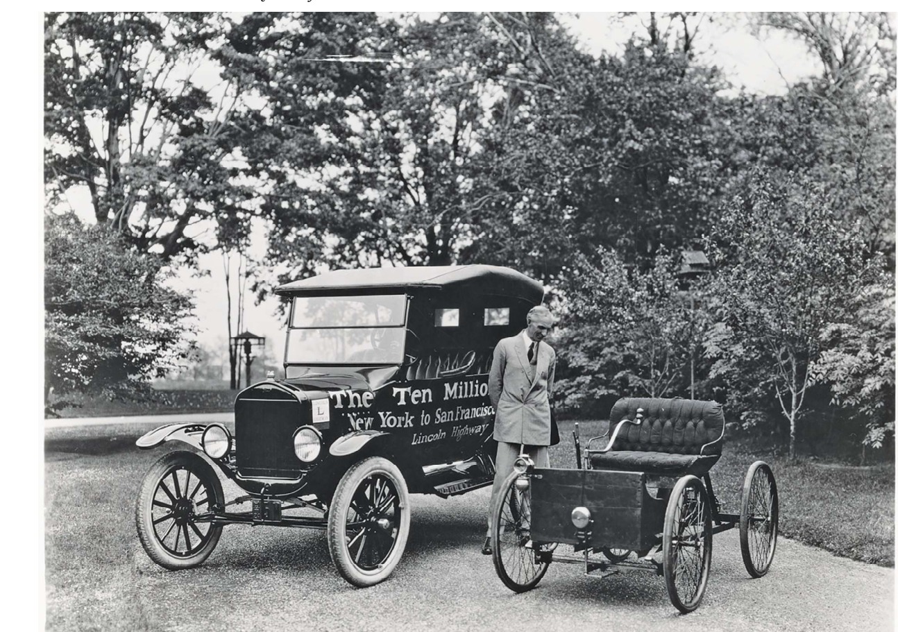 Henry Ford with the ten millionth Model T and his Quadricycle